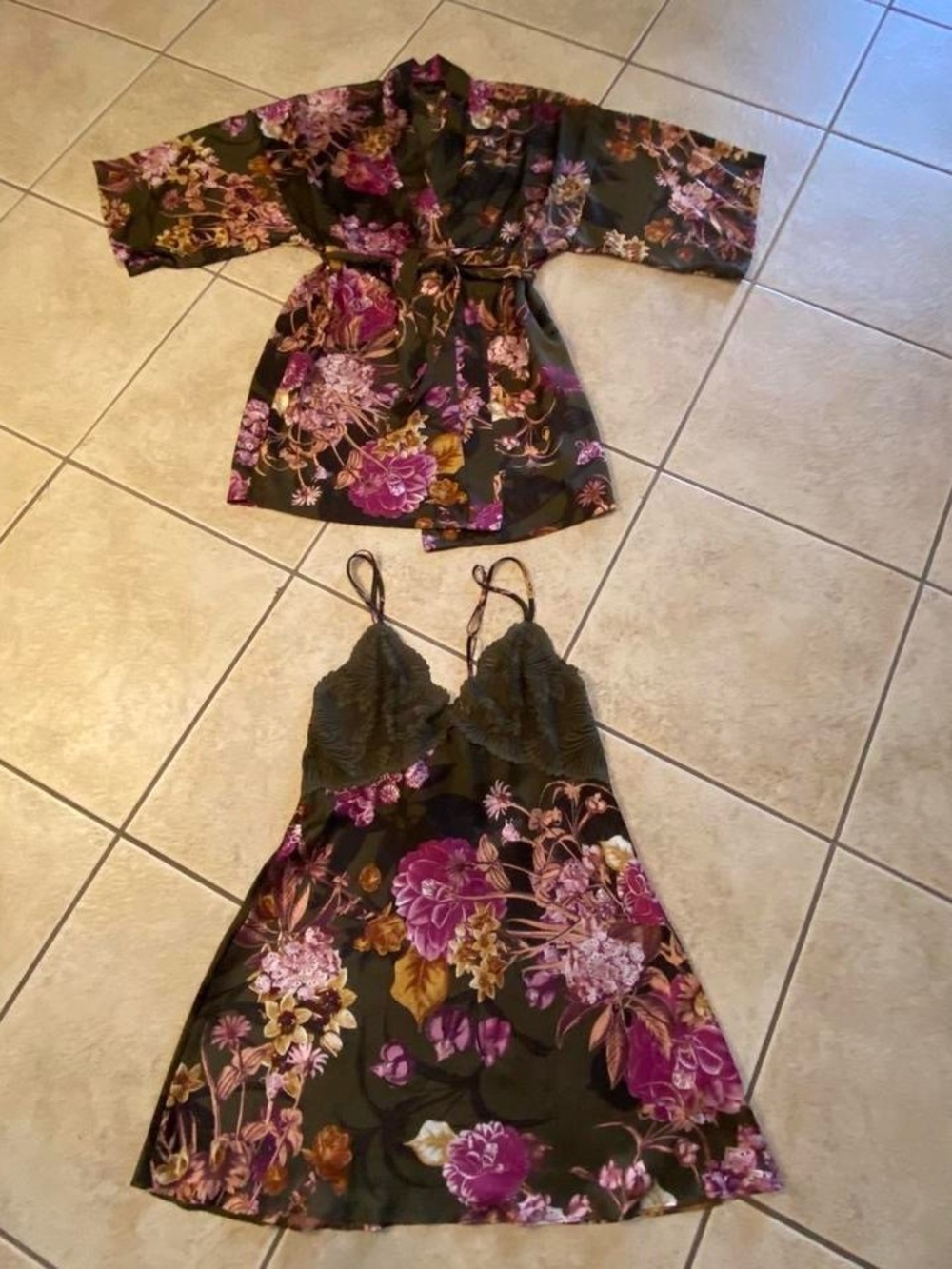Floral Satin Pegnoir Set - olive with fuschia floral design